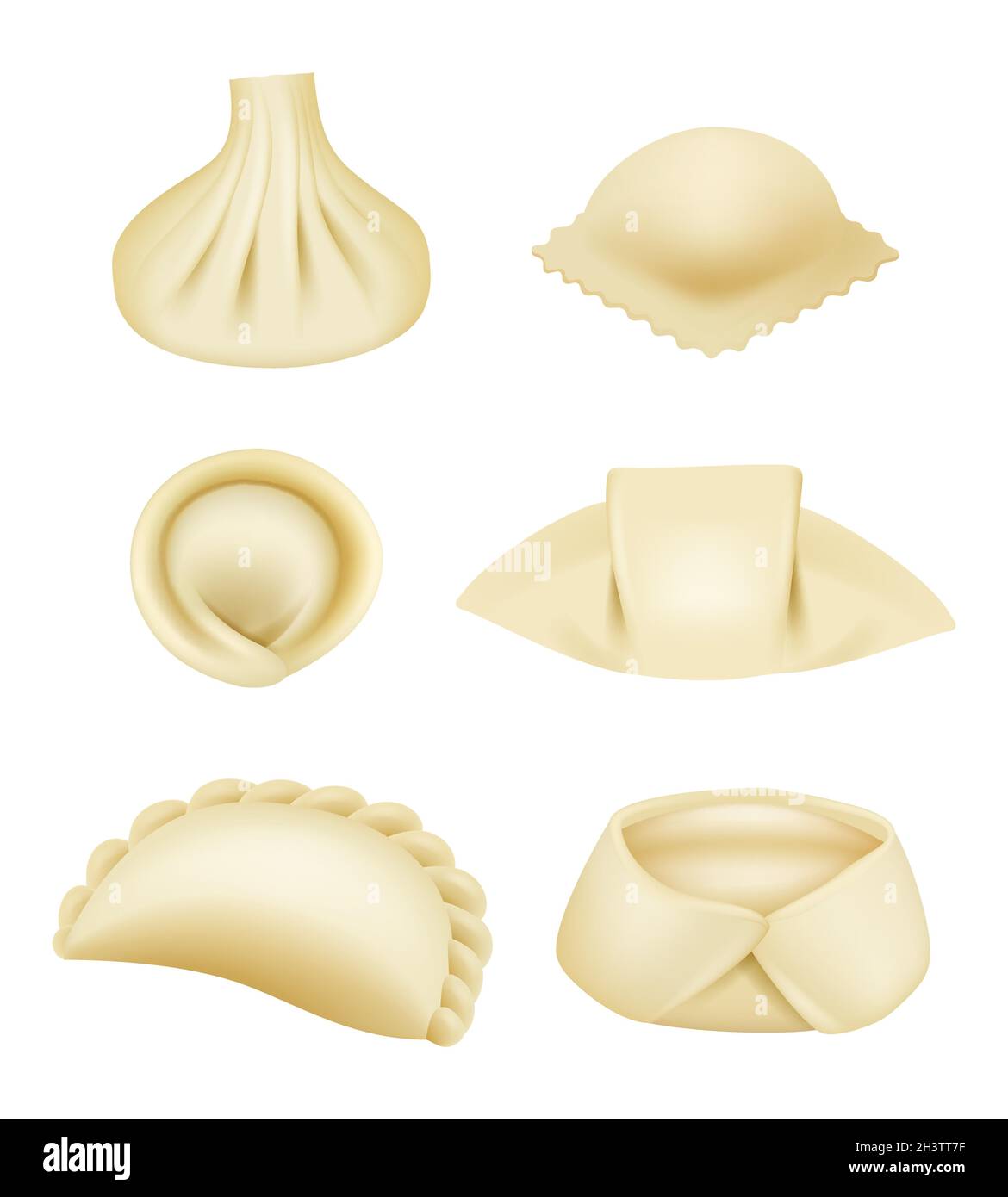 Boulettes réalistes.Produits de pâte pierogi boulettes asiatiques wontons et manti avec jeu d'illustrations vectorielles de farce Illustration de Vecteur