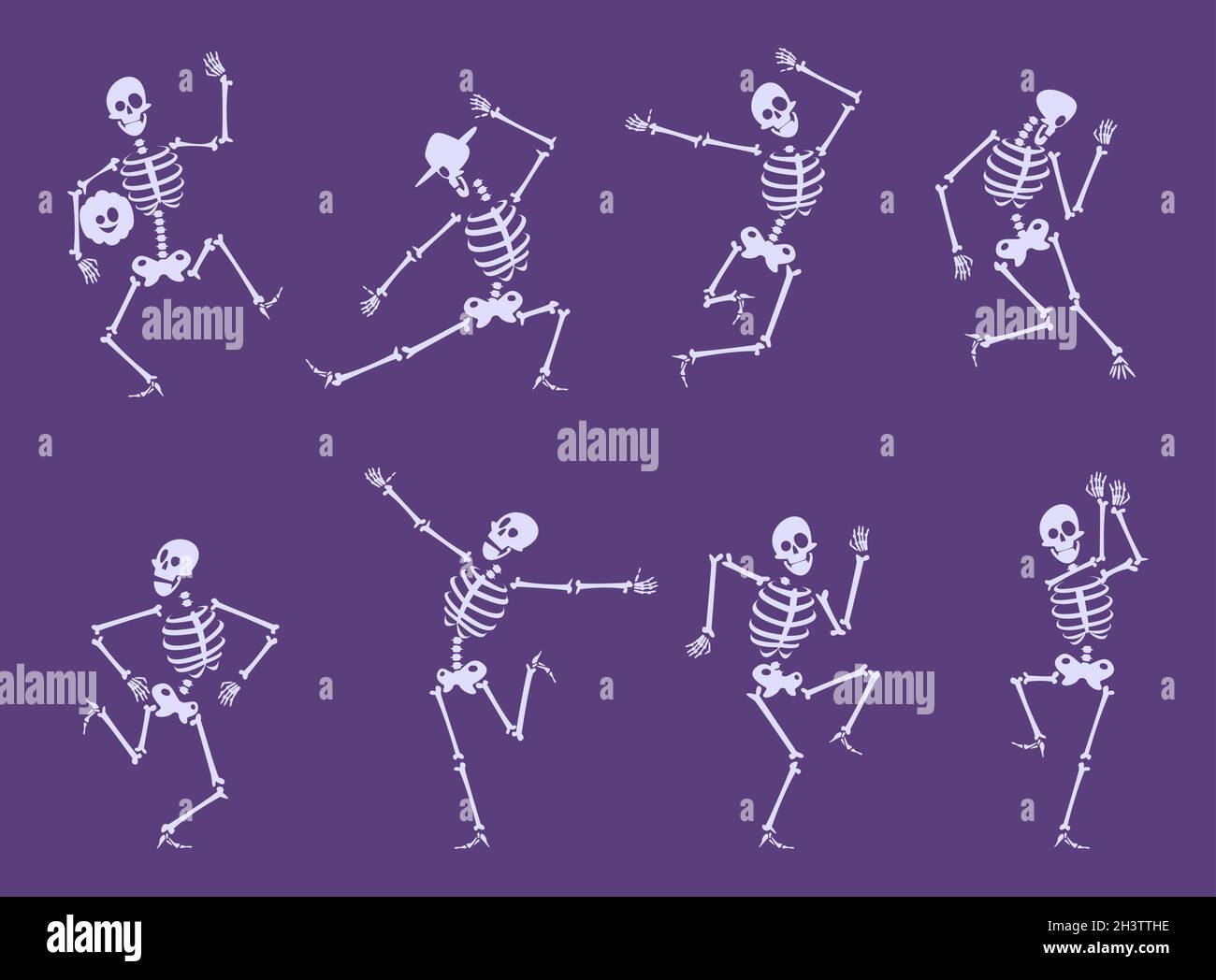 Danse du squelette.Fête personnages drôles danseurs pose sur halloween partie crâne os ensemble vectoriel Illustration de Vecteur