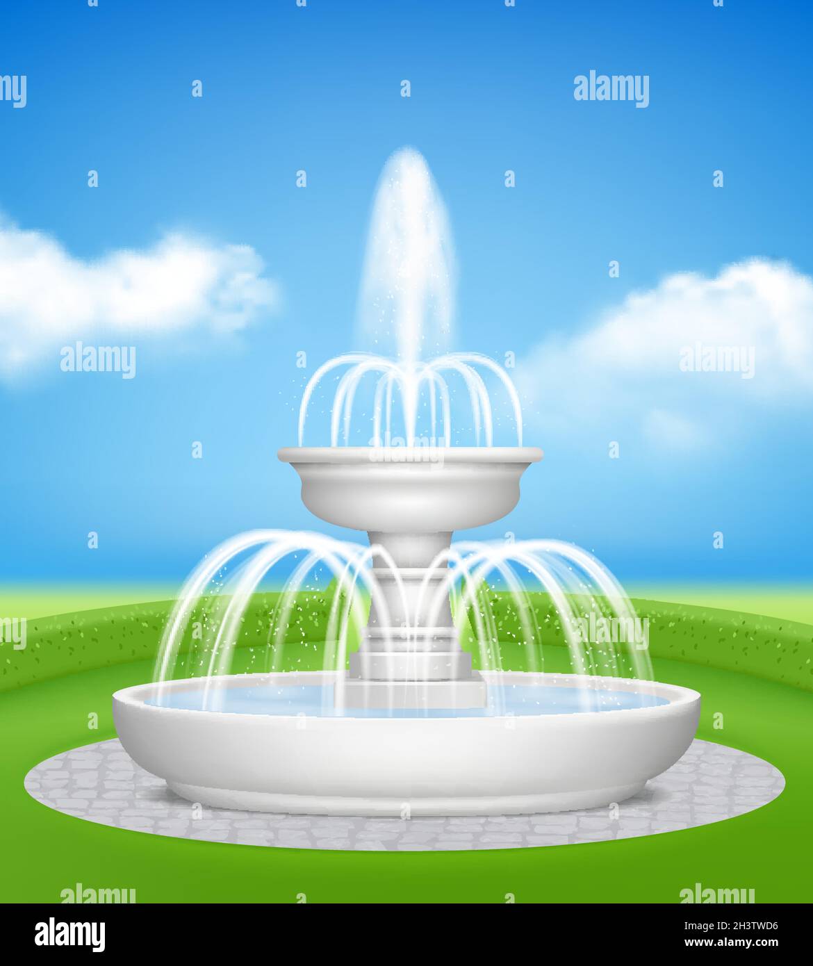 Fontaine dans le jardin.Jets d'eau pulvérisent sur l'herbe décorative extérieur fontaines réalistes fond vectoriel Illustration de Vecteur