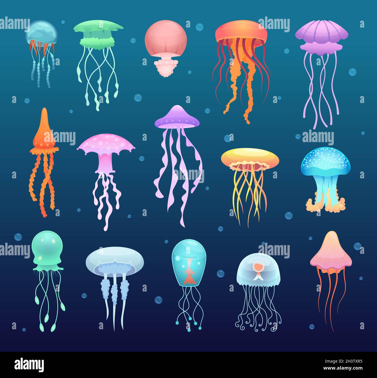 Méduses sous-marines.Belle collection de vecteurs de gelée d'eau magique pour la natation animaux Illustration de Vecteur