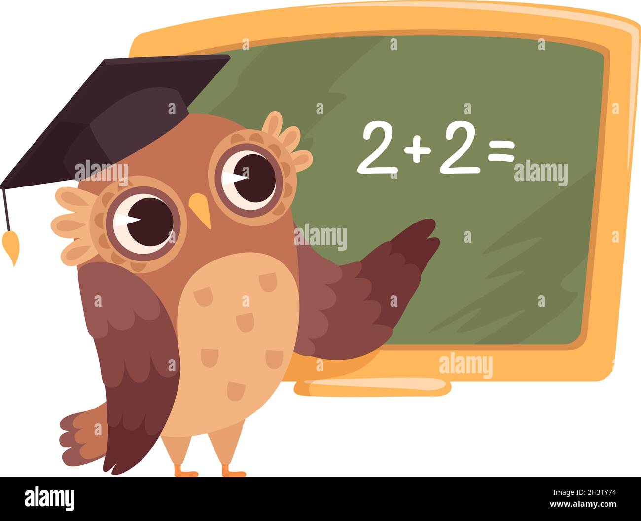 Professeur au tableau noir.Un hibou intelligent de dessin animé isolé dans un chapeau d'université enseigne le comptage.Illustration vectorielle d'étude d'école ou d'université Illustration de Vecteur