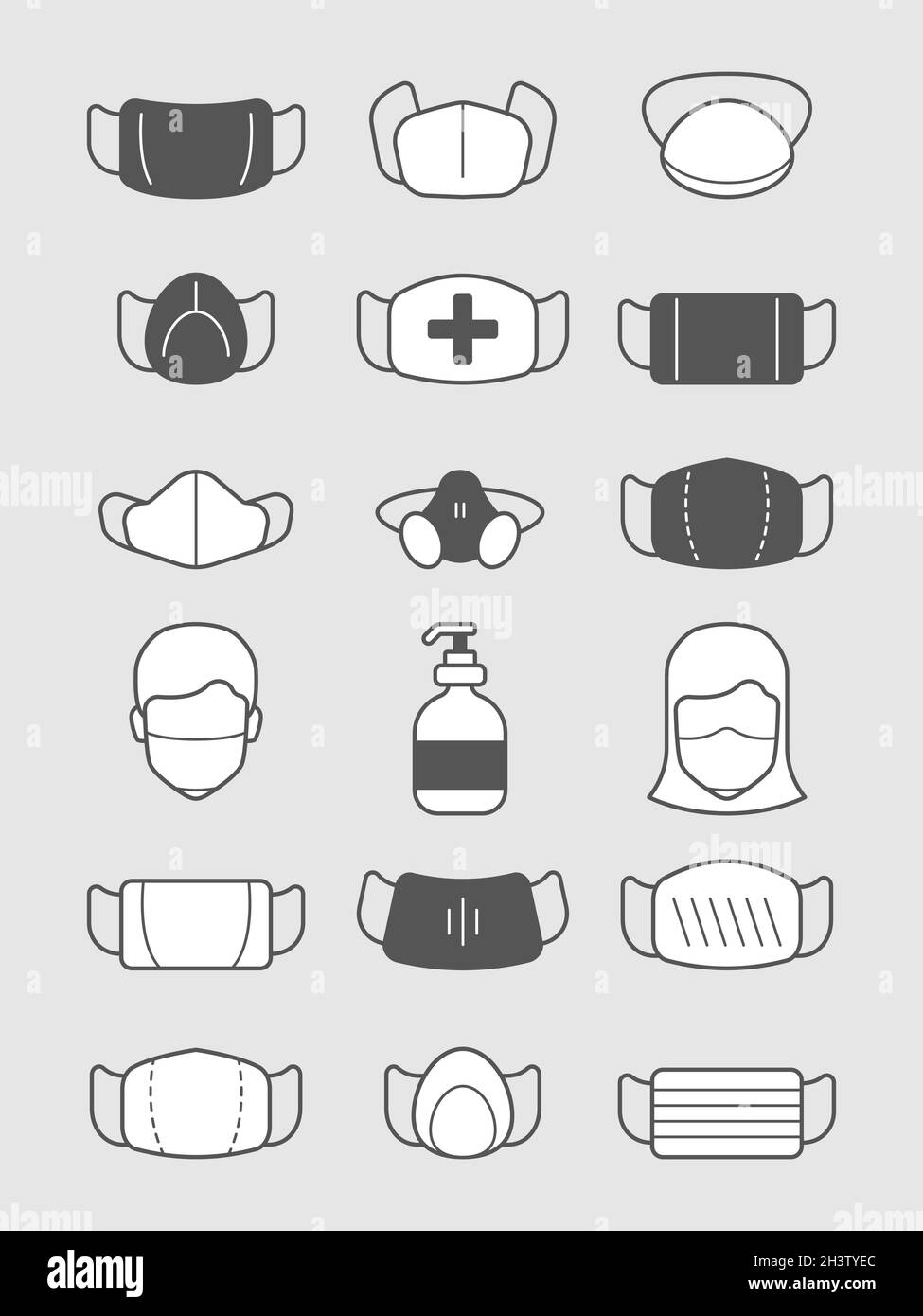 Symboles de masque de pollution.Protection médicale icône traitement homme avec écran facial ou masque virus vecteur ensemble Illustration de Vecteur
