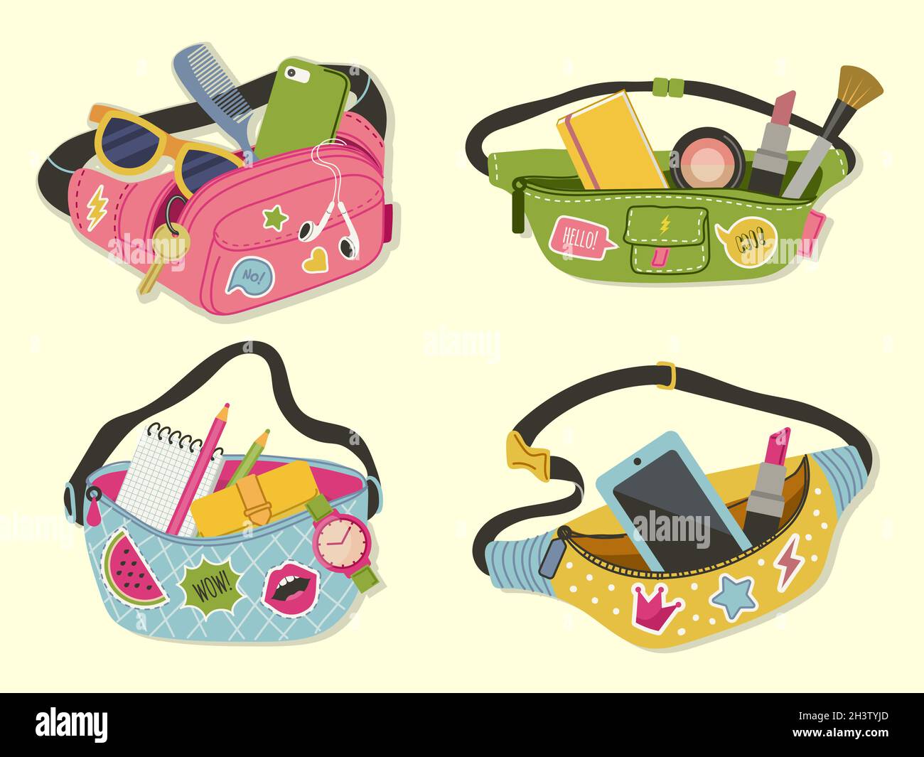 Sacs de taille.Drôle mignon style accessoires Happy dame moderne sacs pour les articles pratiques et les illustrations vectorielles d'argent Illustration de Vecteur