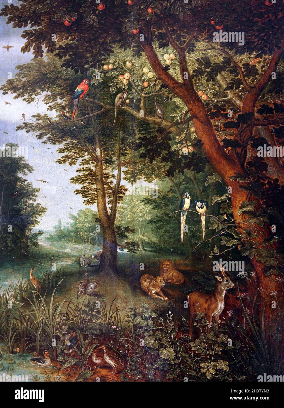 Le paradis terrestre (1620) par Jan Brueghel (aussi Bruegel ou Breughel) le plus jeune (1601 –1678) le peintre baroque flamand.fils de Jan Brueghel l'ancien, petit-fils de Pieter Bruegel l'ancien. Banque D'Images