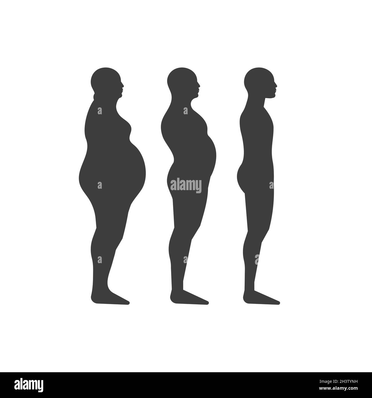 Processus de perte de poids.Trois silhouettes noires mâles isolées sur fond blanc.Perte de poids.Graisse.Comparaison du corps avant et après la perte de poids Illustration de Vecteur