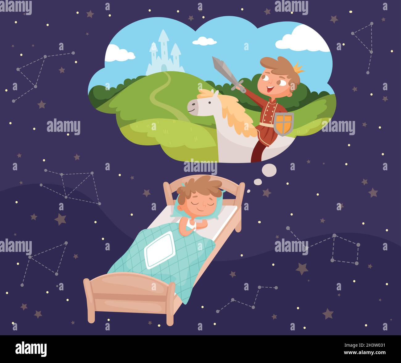 Rêves de bébé.Enfants en sommeil rêvant de nuages vecteur illustrations de dessin animé Illustration de Vecteur