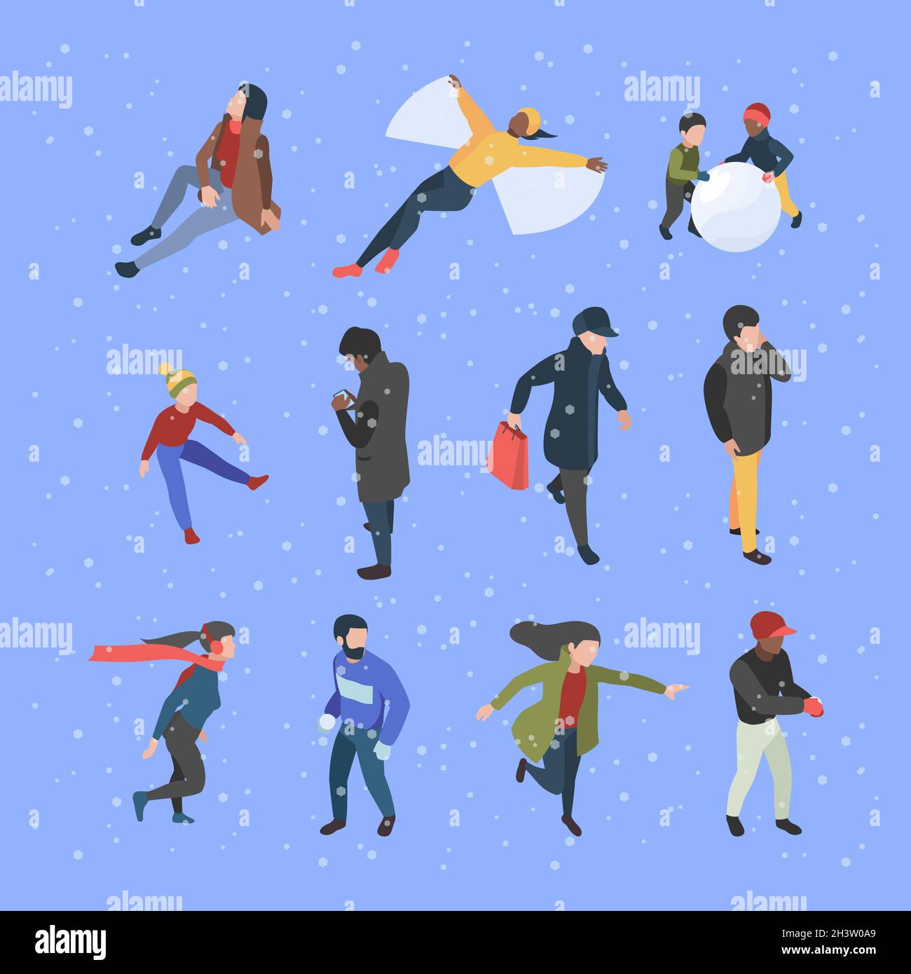 Personnes isométriques d'hiver.Les personnages masculins et féminins en vêtements en hiver garish illustrations vectorielles Illustration de Vecteur