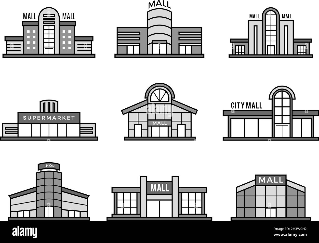 Symboles des magasins de vente au détail.Supermarché icônes centre commercial façade bâtiment extérieur structure monochrome photos vectorielles récentes Illustration de Vecteur