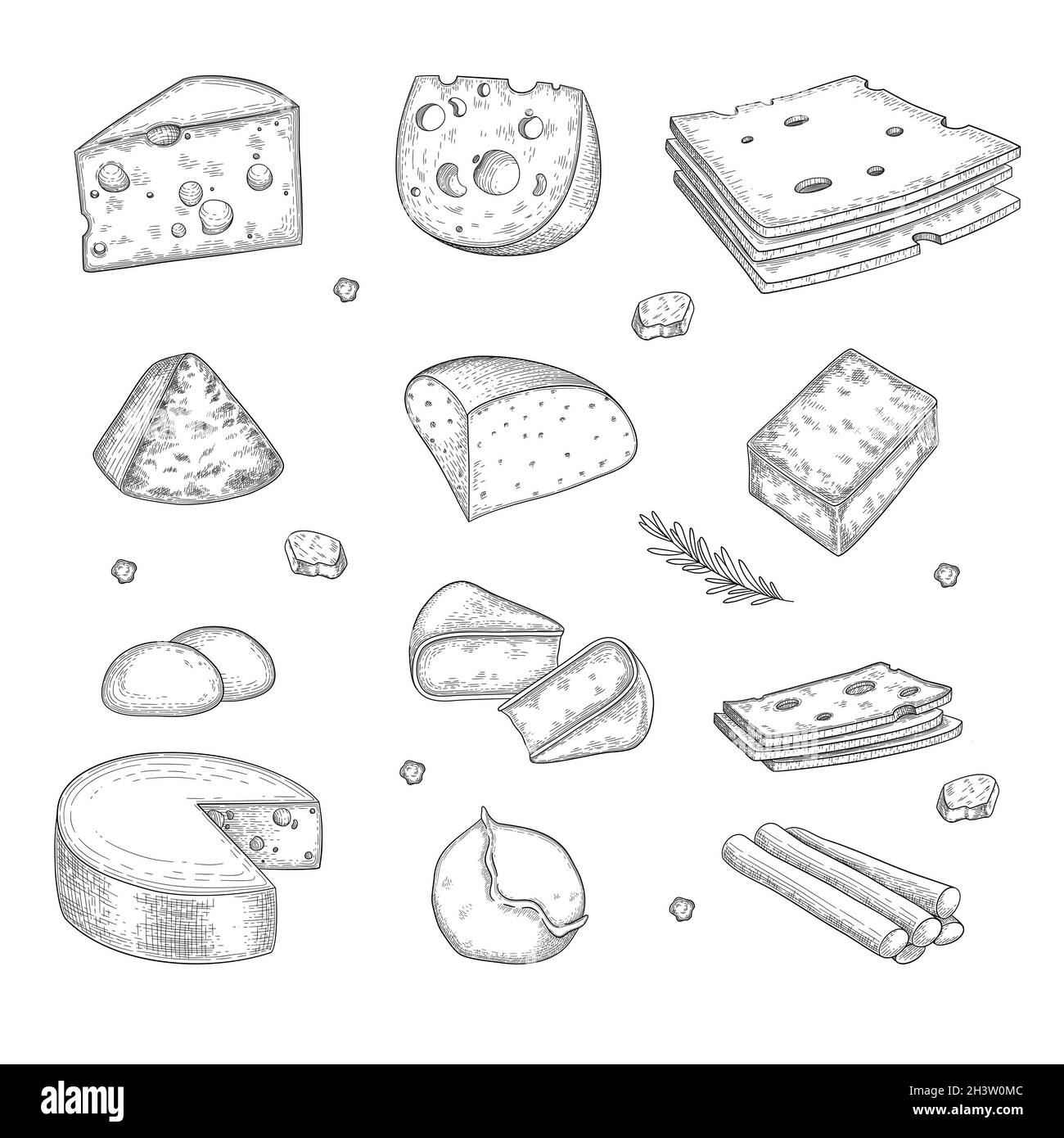 Fromage tiré à la main.Ferme de lait savoureux produit biologique sain cuisine gastronomique tranché fromage vecteur collection Illustration de Vecteur