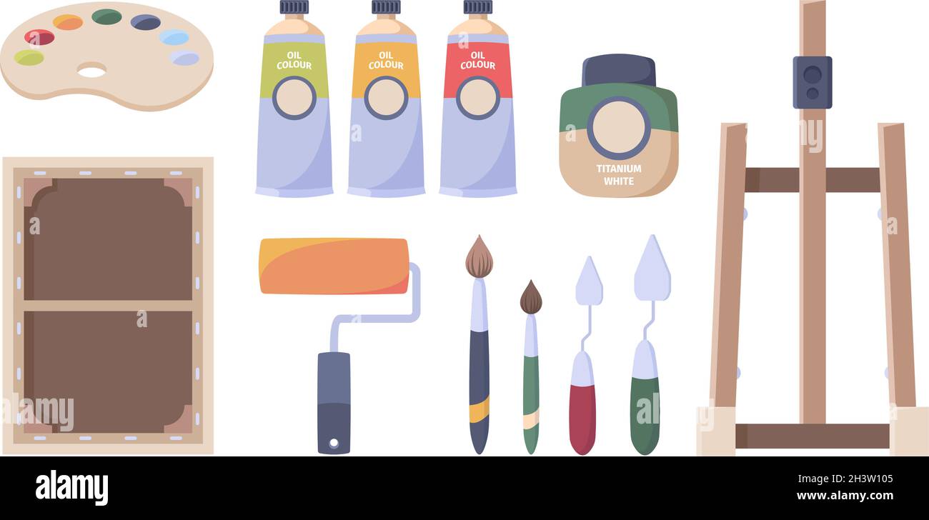 Outils d'artiste.Peintures pinceaux huile tubes palette toile chevalet crayons papier accessoires pour les loisirs d'art studio illustrations vectorielles Illustration de Vecteur