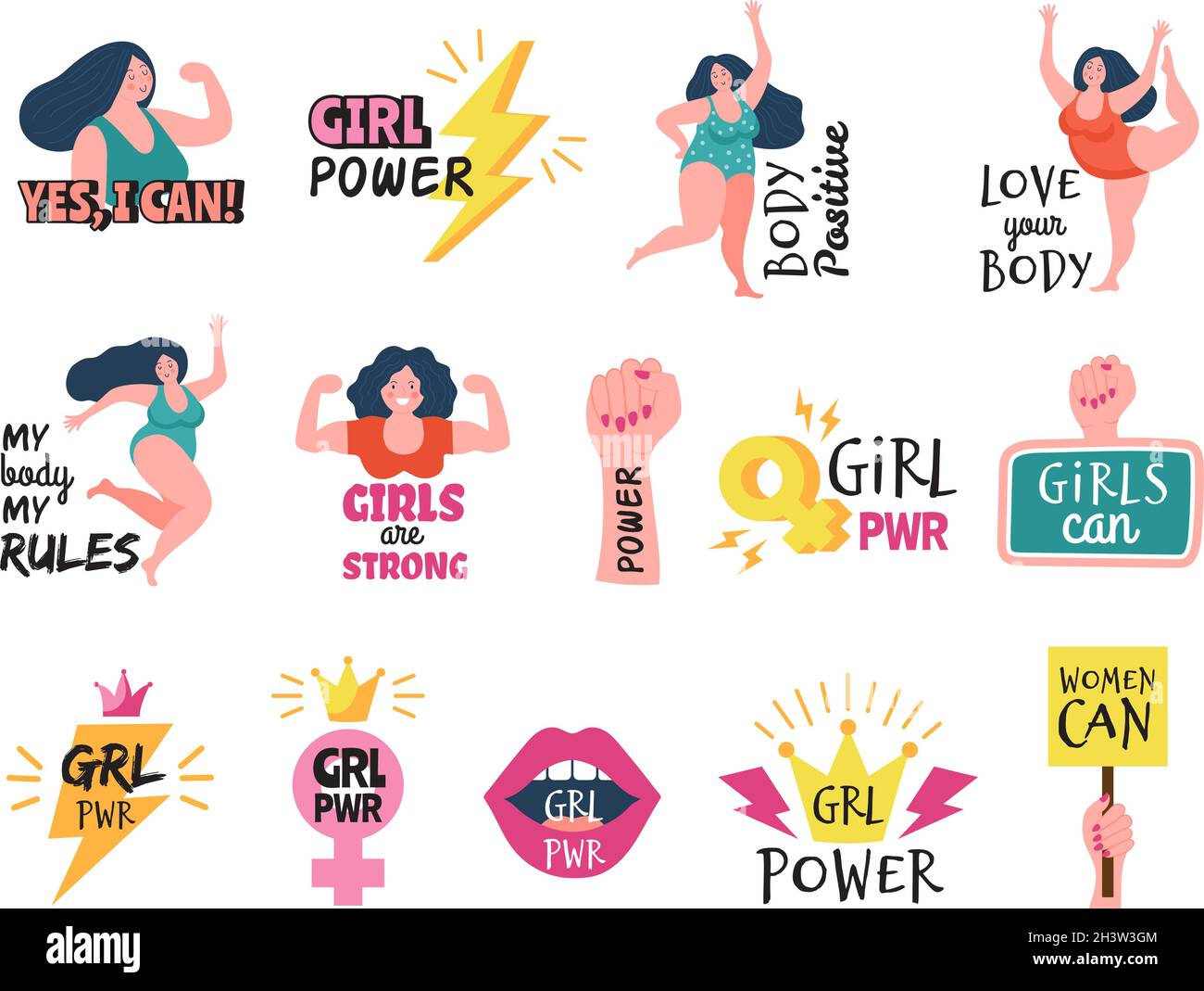 Insignes pour filles.Tags féministes femmes puissant sticker tendance 80s style fille corps positif logotype vecteur Illustration de Vecteur