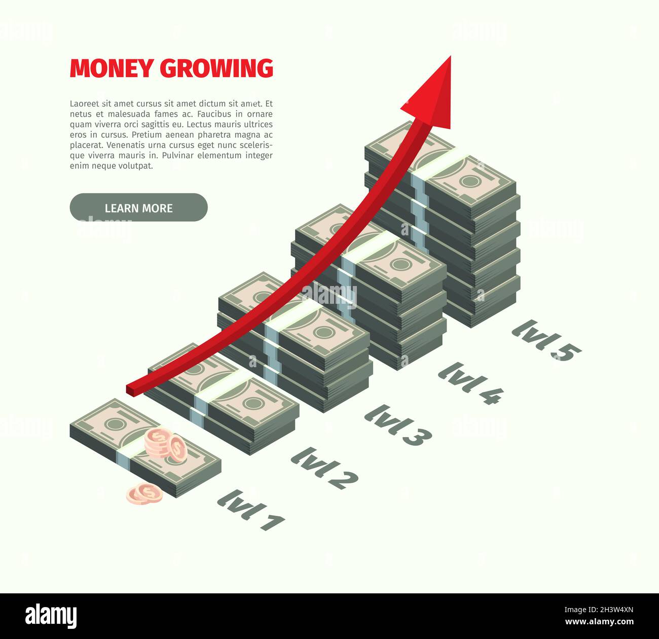Argent de croissance.Dollar stack investissement rentabilité concept valeur diagramme garish vecteur illustrations isométriques Illustration de Vecteur Argent de croissance.Dollar stack investissement rentabilité concept valeur diagramme garish vecteur illustrations isométriques Illustration de Vecteur