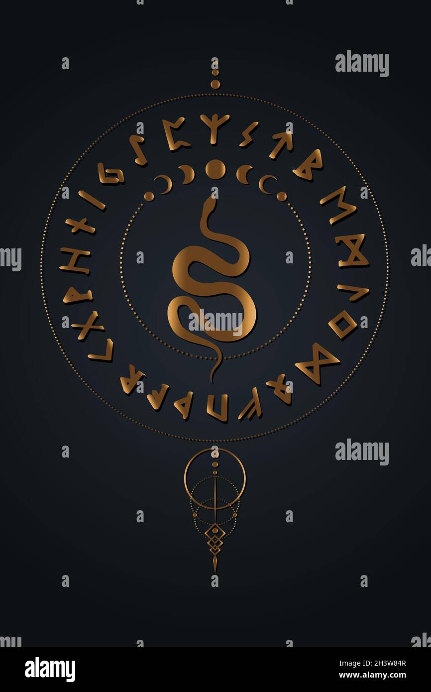 Ensemble de vieux cercles de Norse.Alphabet runique, Futhark.Or ancien occulte Viking caractères lettres, rune police.Écriture de vieux Norse.Phases de lune et Illustration de Vecteur