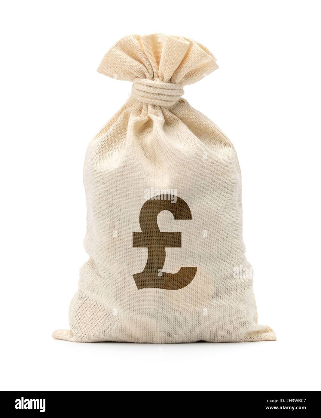 Sac d'argent et symbole livre sterling. Isolé sur fond blanc. Banque D'Images