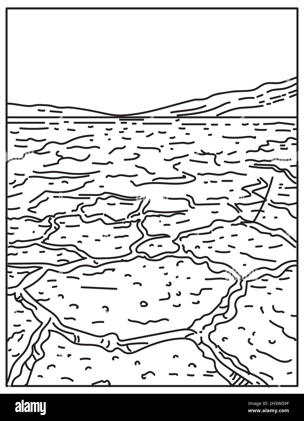 Badwater Basin Death Valley National Park situé Death Valley Inyo County Californie États-Unis Mono Line ou monoline Bla Banque D'Images Badwater Basin Death Valley National Park situé Death Valley Inyo County Californie États-Unis Mono Line ou monoline Bla Banque D'Images