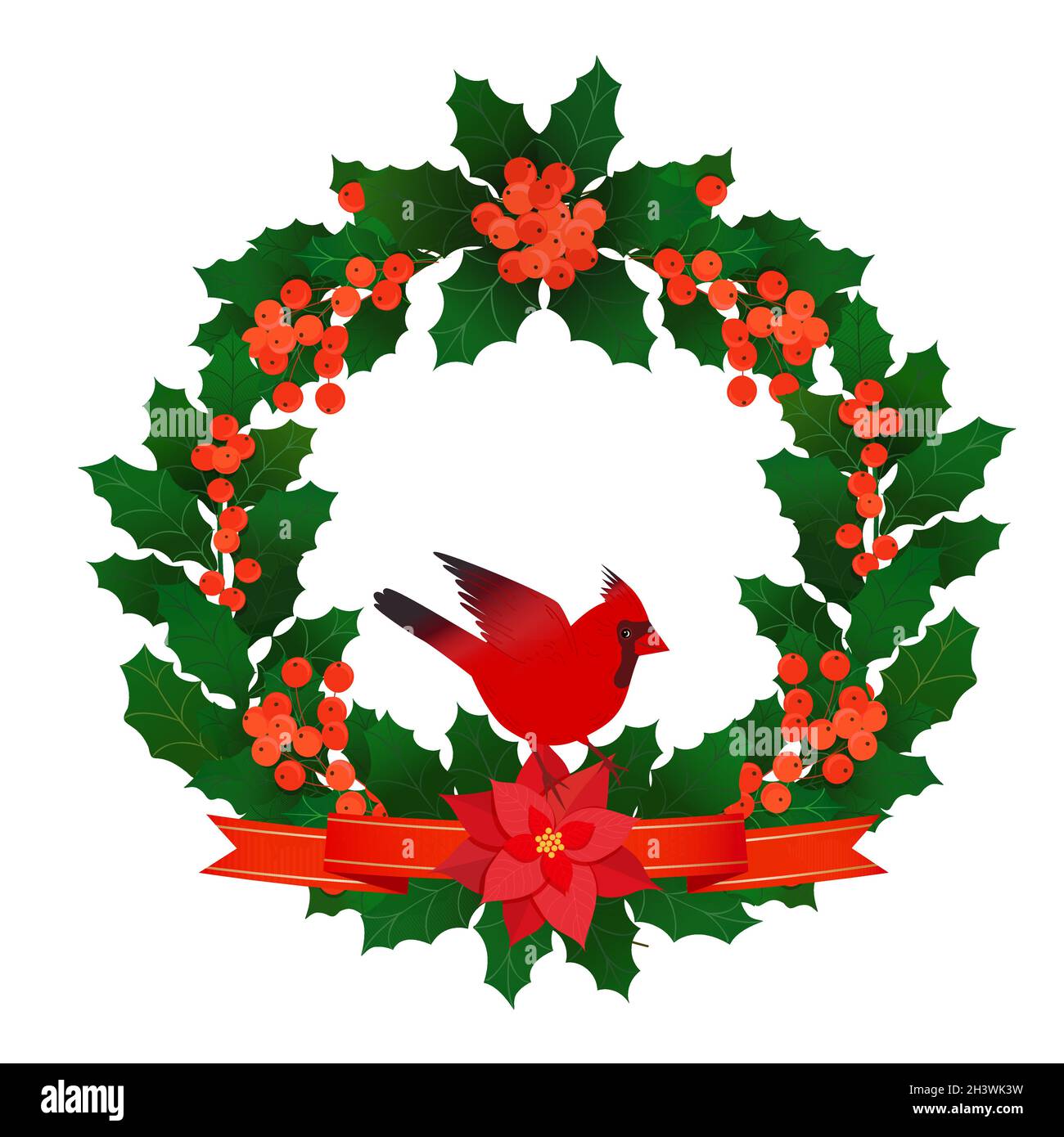 Couronne de Noël avec décorations de Noël rouges de rubans, de petits pains de baies et de cardinal rouge mignon et drôle d'oiseau.Illustration vectorielle dans moderne Illustration de Vecteur