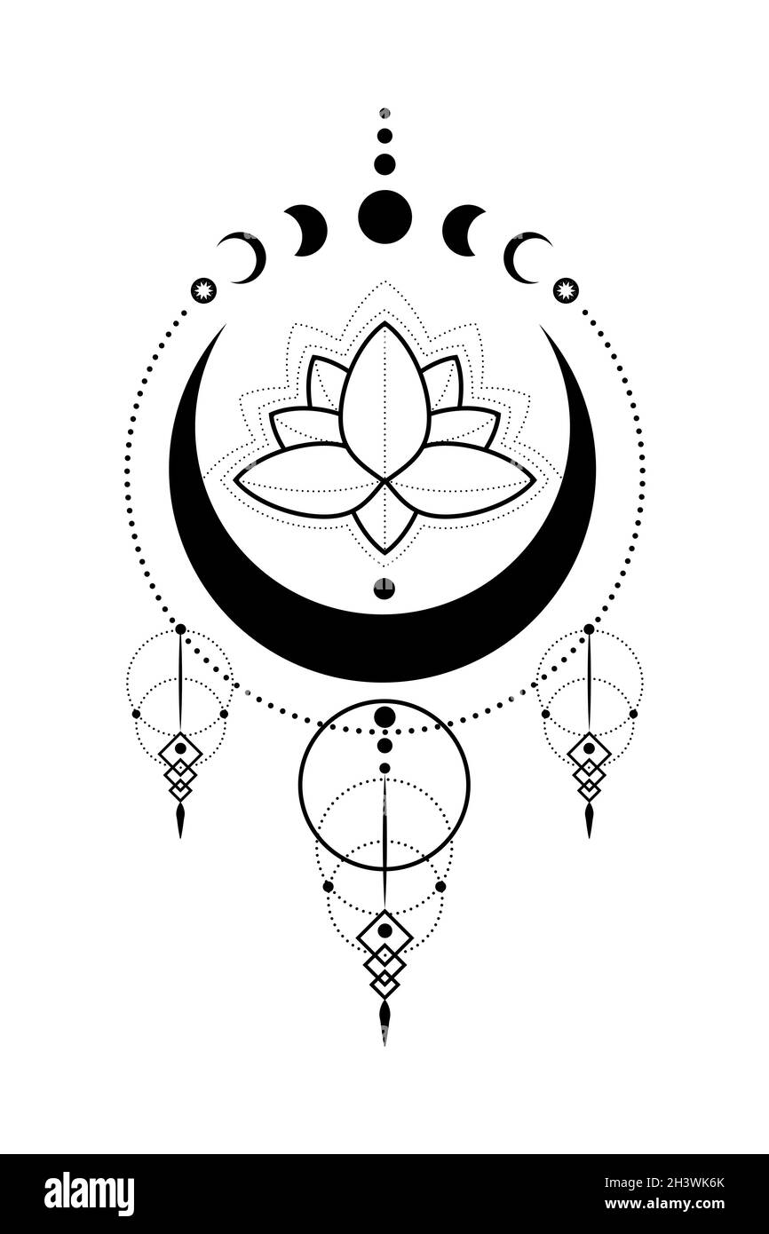 Phases mystiques de la Lune, fleur de Lotus, géométrie sacrée.Triple lune, demi-lune païen symbole de déesse Wiccan, silhouette wicca bannière signe, cercle d'énergie, Illustration de Vecteur