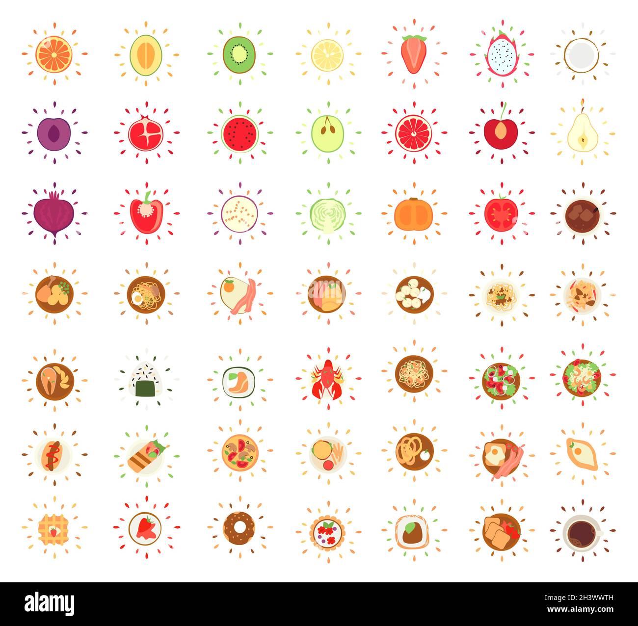 Icônes lumineuses de divers aliments et boissons - Vector Banque D'Images