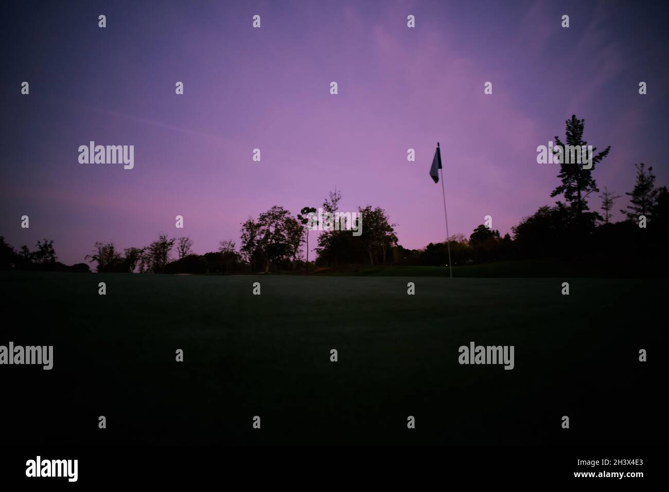 photographie de nuit où vous pouvez voir les ombres de l'environnement qui entoure le vert de ce splendide terrain de golf Banque D'Images