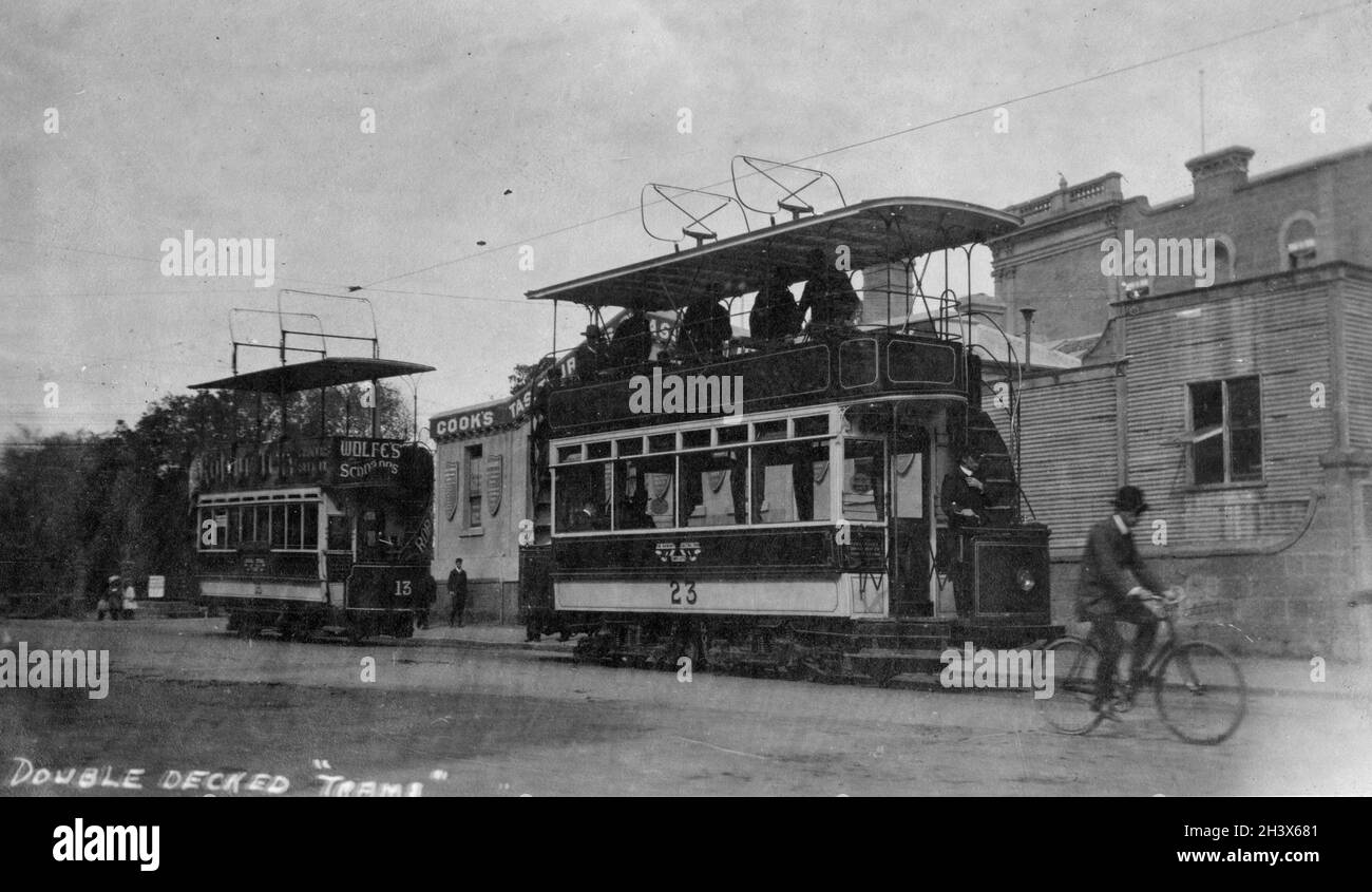 Tramways à deux étages à Hobart, Tasmanie, Australie, 1909. Banque D'Images