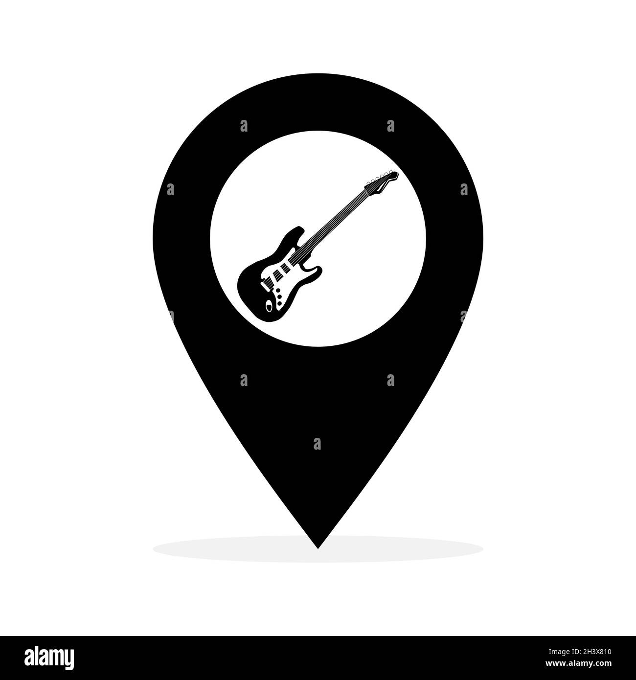 Icône d'instrument de musique de guitare électrique sur la carte repère d'emplacement. Symbole de broche d'emplacement. Illustration vectorielle isolée sur fond blanc. Illustration de Vecteur
