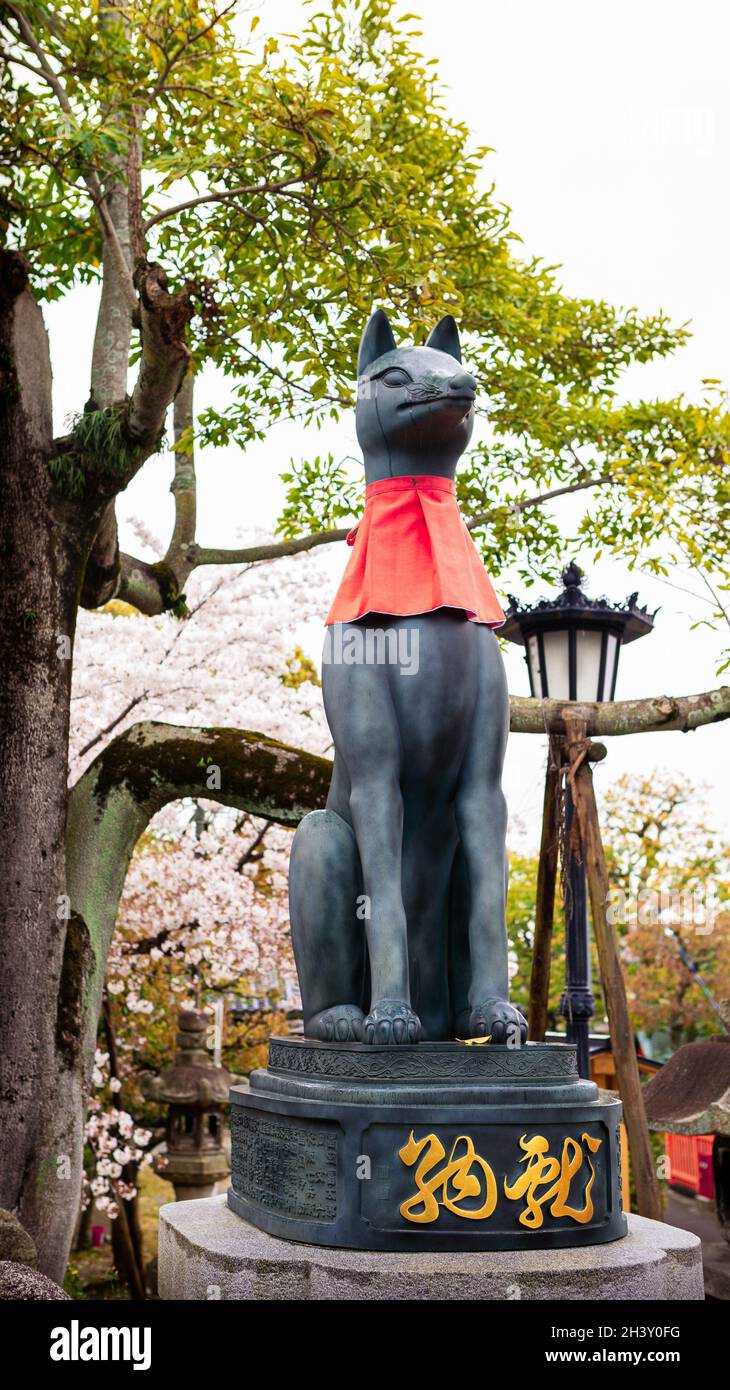 Statue de renard japonais Kitsune avec tablier rouge au célèbre sanctuaire Fushimi Inari-Taisha près de Kyoto.Garde de dieu du Japon en pierre au sanctuaire de Shinto Banque D'Images