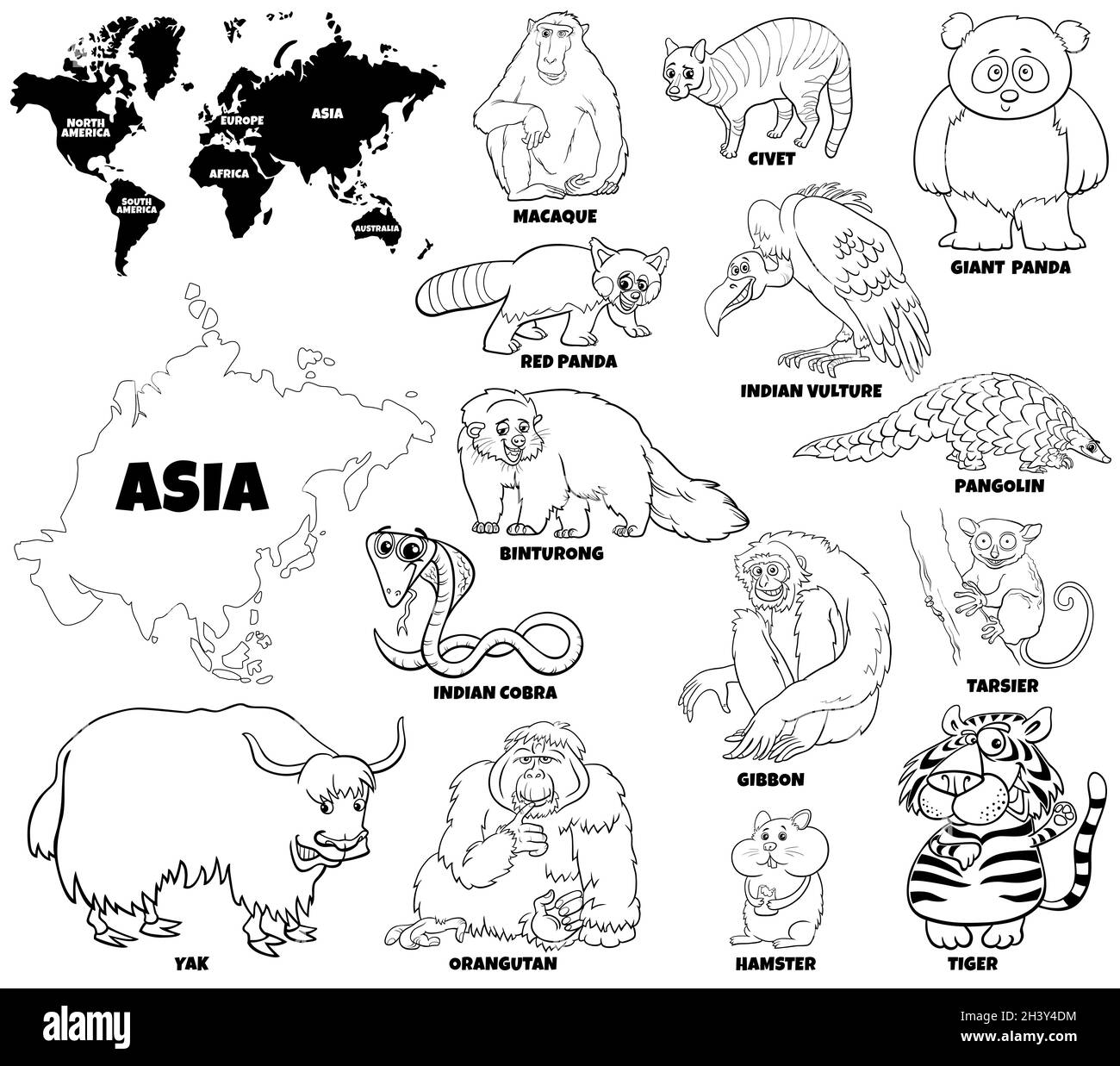 Caricature asiatique animaux ensemble coloriage livre page Banque D'Images