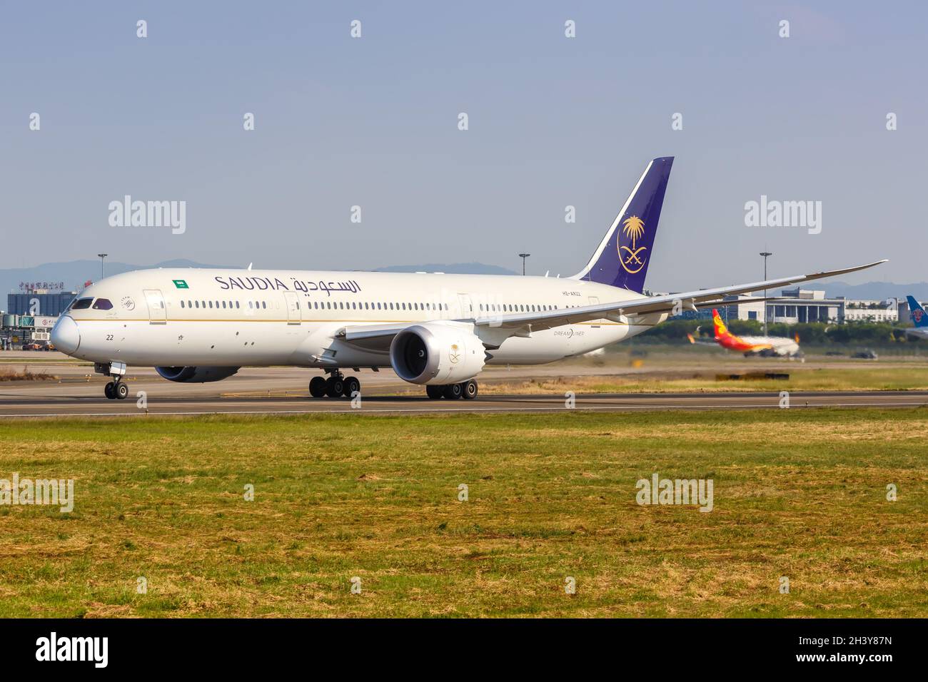 Saudia Saudi Arabian Airlines Boeing 787-9 Dreamliner Aircraft aéroport de Guangzhou en Chine Banque D'Images