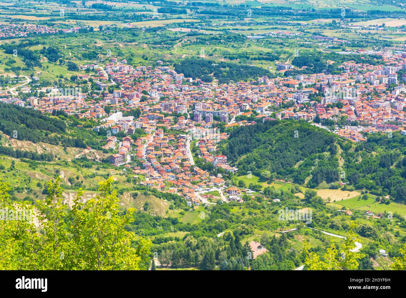 Vue aérienne de Gotse Delchev, Bulgarie Banque D'Images