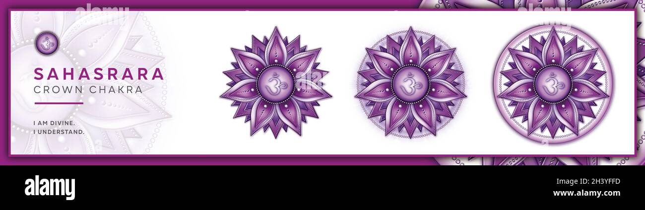 Chakra symboles, couronne chakra - SAHASRARA - connaissance, conscience, réalisation, spiritualité - 'Je COMPRENDS' Banque D'Images
