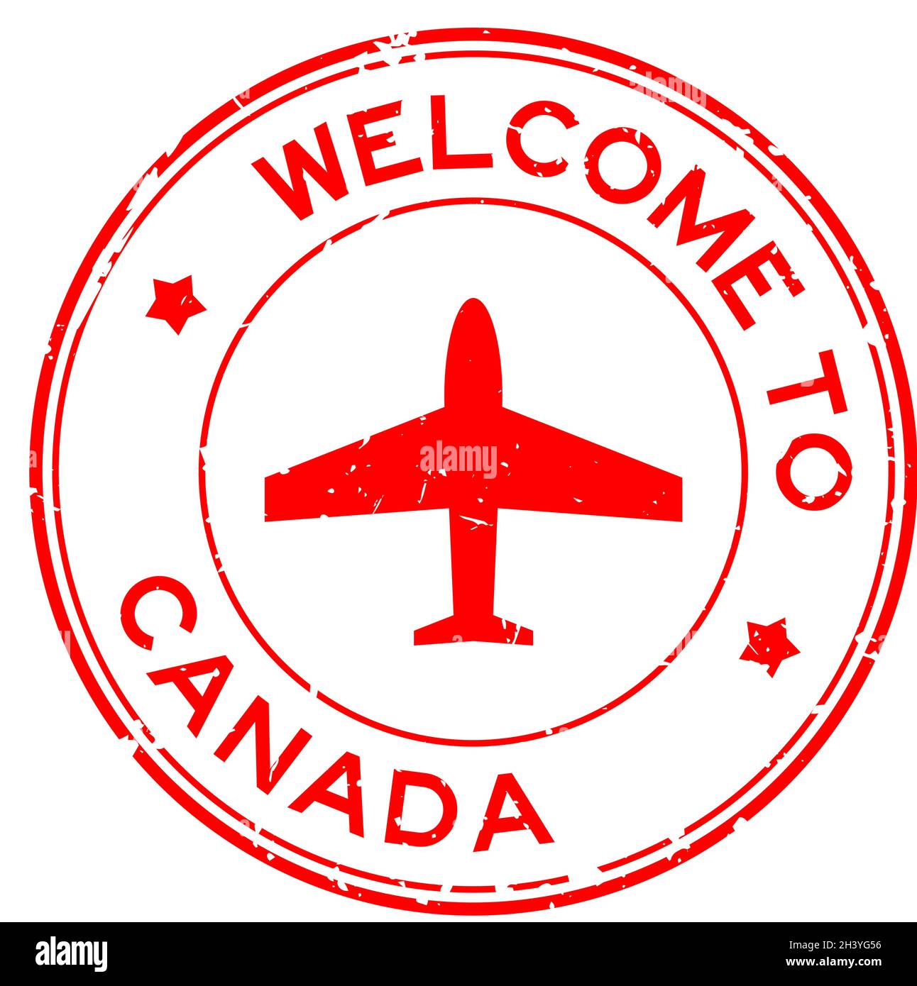 Grunge rouge bienvenue à Canada mot avec l'icône de l'avion cachet rond de caoutchouc sur fond blanc Illustration de Vecteur