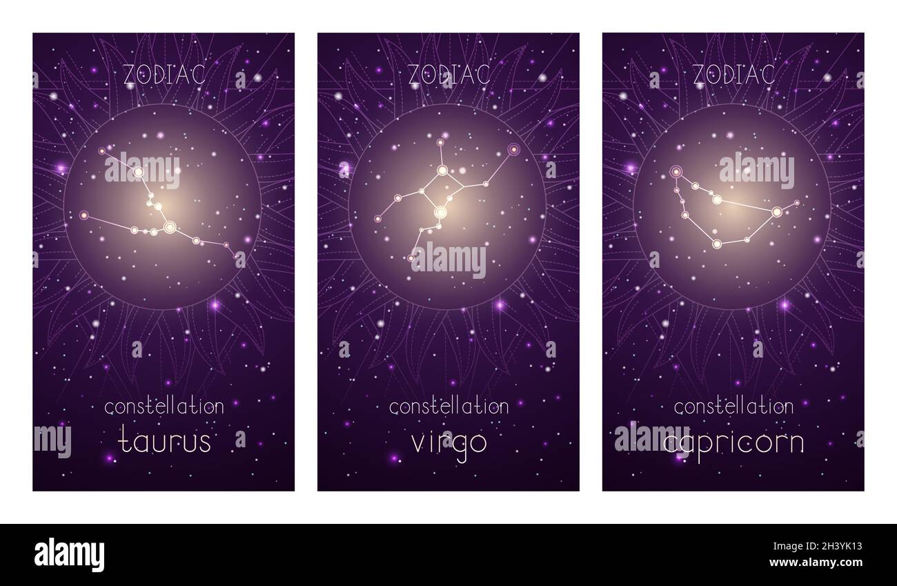 Ensemble de trois cartes avec constellations de zodiac et symbole géométrique abstrait contre le ciel étoilé.Collection des éléments de la Terre : taurus, virgo, c Illustration de Vecteur