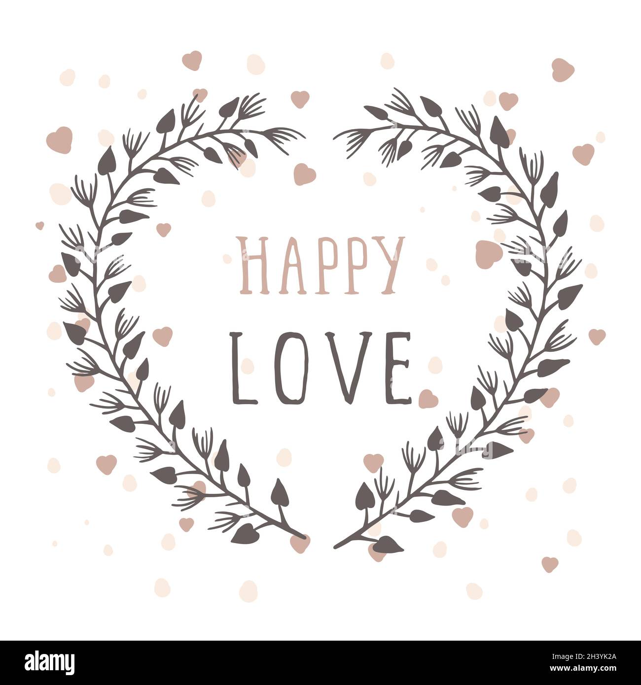 Illustration vectorielle dessinée à la main du texte HARRY LOVE et cadre floral en forme de coeur sur fond blanc. Illustration de Vecteur