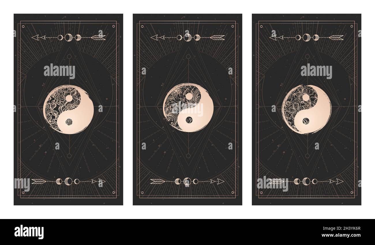 Ensemble vectoriel de trois signes yin yang sur fond sombre avec forme géométrique, textures et cadres grunge.Symboles avec grunge et éléments floraux.Illustration Illustration de Vecteur