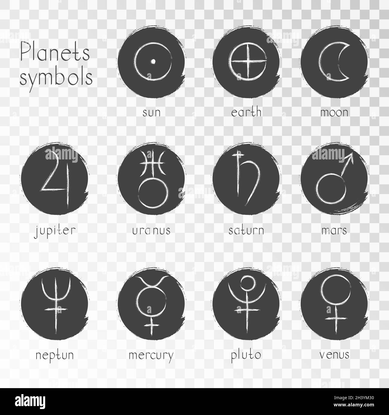 Ensemble vectoriel d'icônes de grunge avec symboles de planètes astrologiques sur un fond transparent.Collection de signes: soleil, terre, lune, saturne, uranus,neptune, Illustration de Vecteur