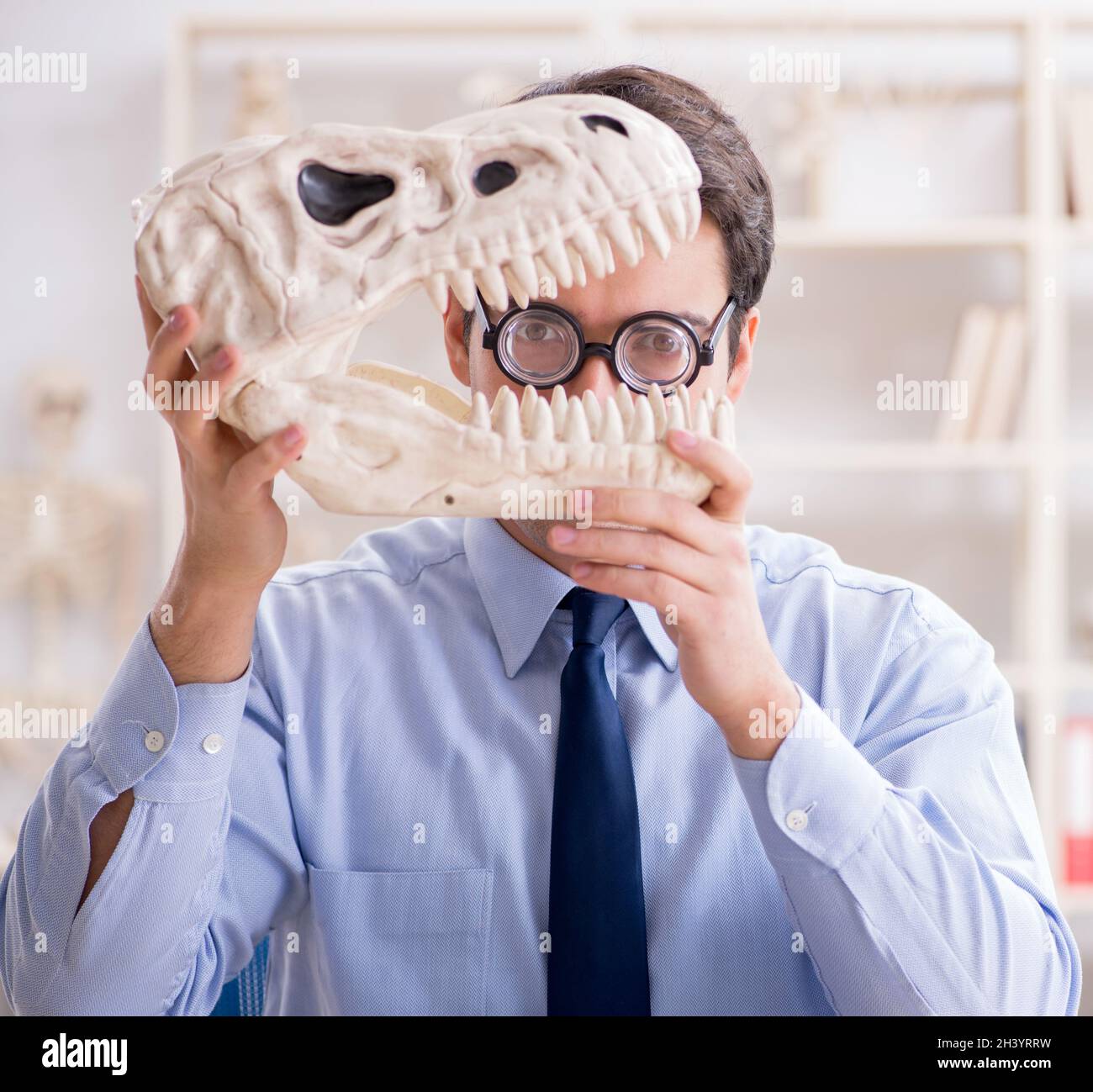 Funny crazy professeur étudiant squelette de dinosaure Banque D'Images