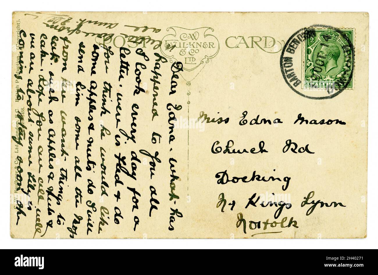 Inverse de la carte postale originale de l'époque de WW1 postée le 19 octobre 1914 avec le timbre vert du roi George V 1/2 d (demi-penny / penny), en franchise. ROYAUME-UNI Banque D'Images