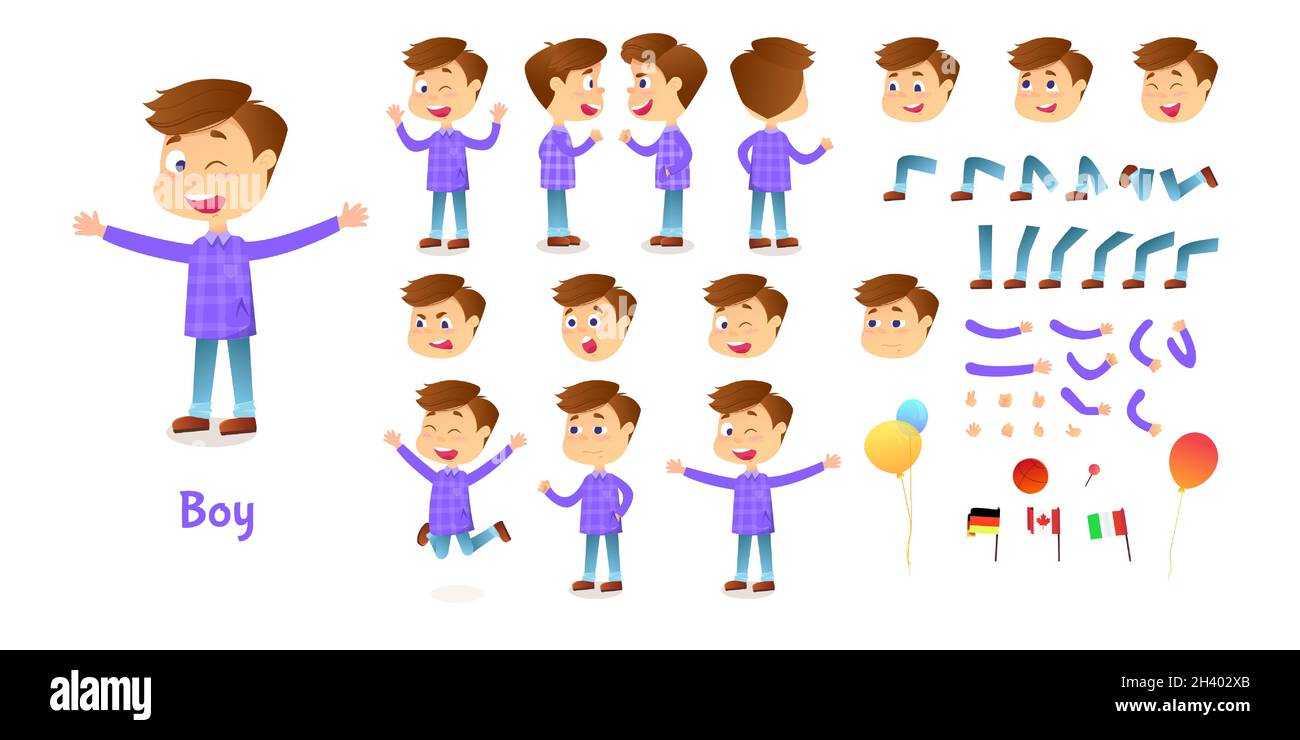 Constructeur de caractères garçon. Kit de mascotte de création de garçon de dessin animé. Jeu de