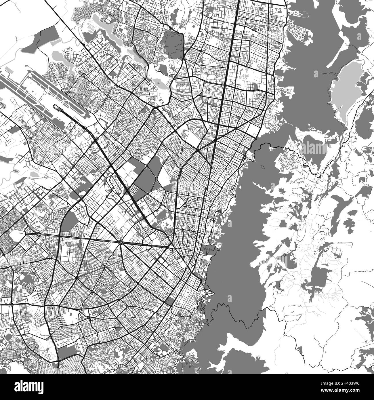 Plan de la ville urbaine de Bogota.Illustration vectorielle, affiche artistique en niveaux de gris de la carte de Bogota.Carte des rues avec vue sur les routes et la région métropolitaine. Illustration de Vecteur