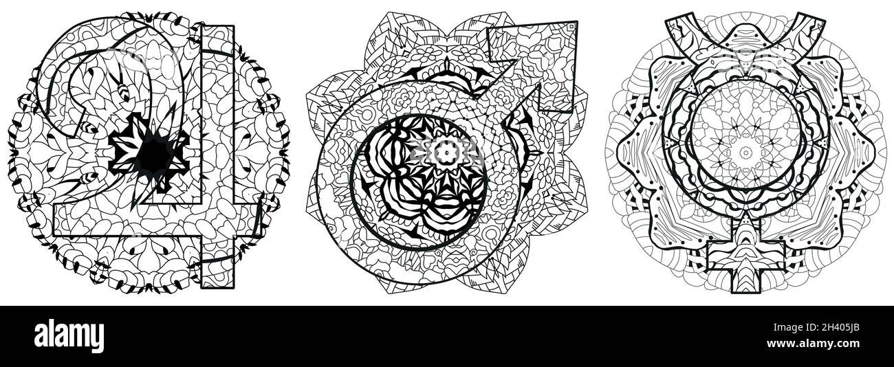 Signes astronomiques avec mandalas, astrologie concept art. Tattoo design.Jupiter, mars et Mercure pour la coloration Illustration de Vecteur