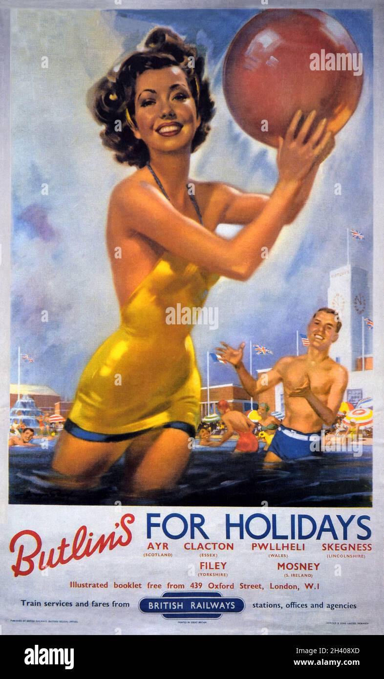 Une affiche vintage British Railways annonçant les vacances de Butlins en train, années 1950 Banque D'Images