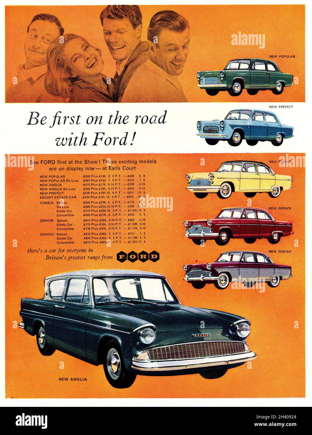 Une publicité Ford vintage de Motor Sport Magazine, novembre 1959, annonçant leurs nouveaux modèles exposés au Earll's court Motor Show Banque D'Images