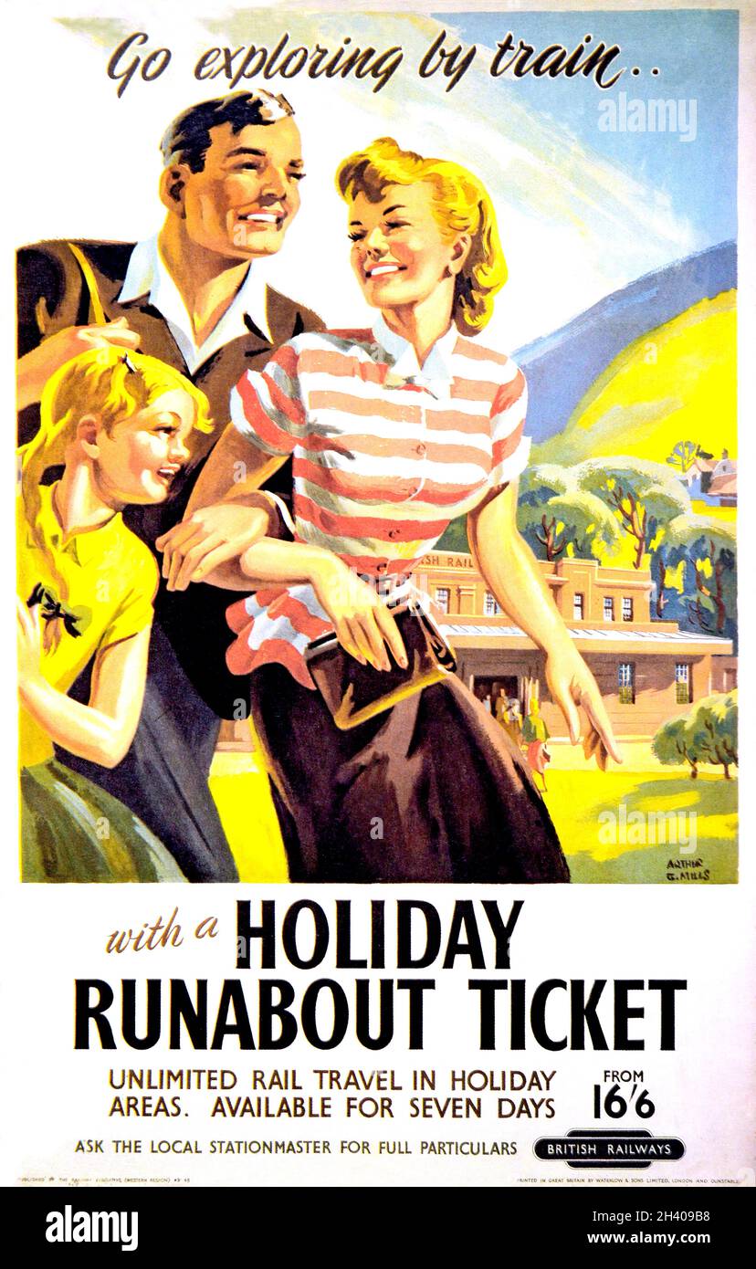 Une affiche vintage des chemins de fer britanniques annonçant des vacances en train, années 1950 Banque D'Images