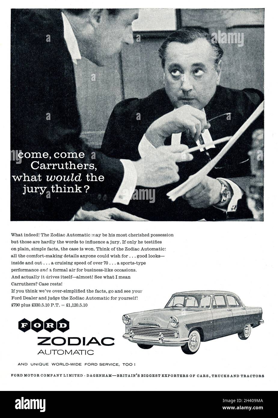 Une publicité Ford vintage de Motor Sport Magazine, avril 1960, annonçant leur nouveau modèle automatique Zodiac Banque D'Images