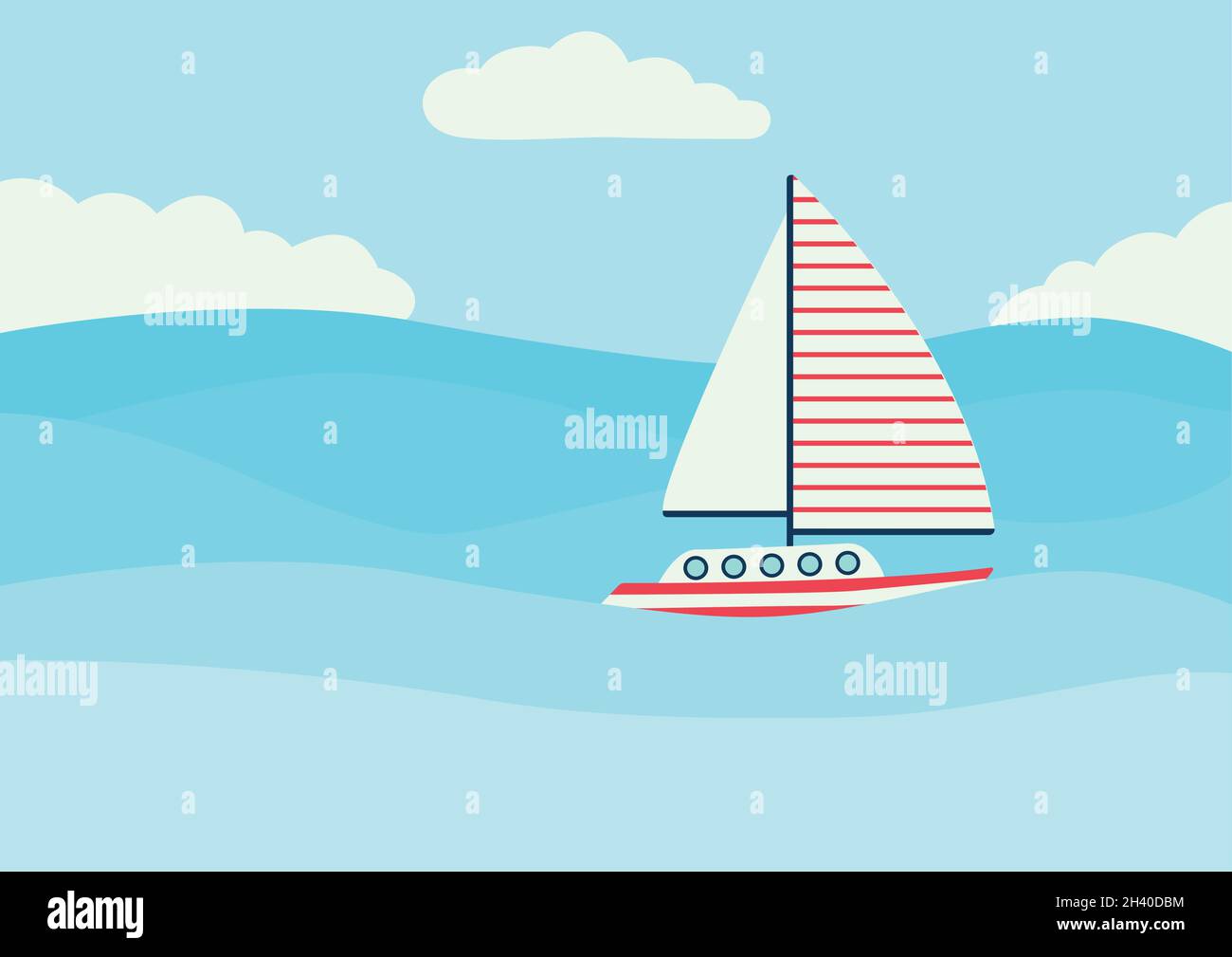 Illustration de l'océan, avec un bateau ou un bateau dans des tons blancs et rouges, naviguant à travers les vagues bleues et avec un ciel bleu avec des nuages en été Illustration de Vecteur