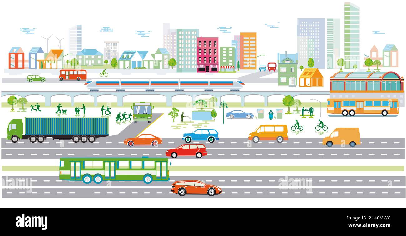Ville écologique avec véhicules électriques et train de voyageurs, illustration Banque D'Images