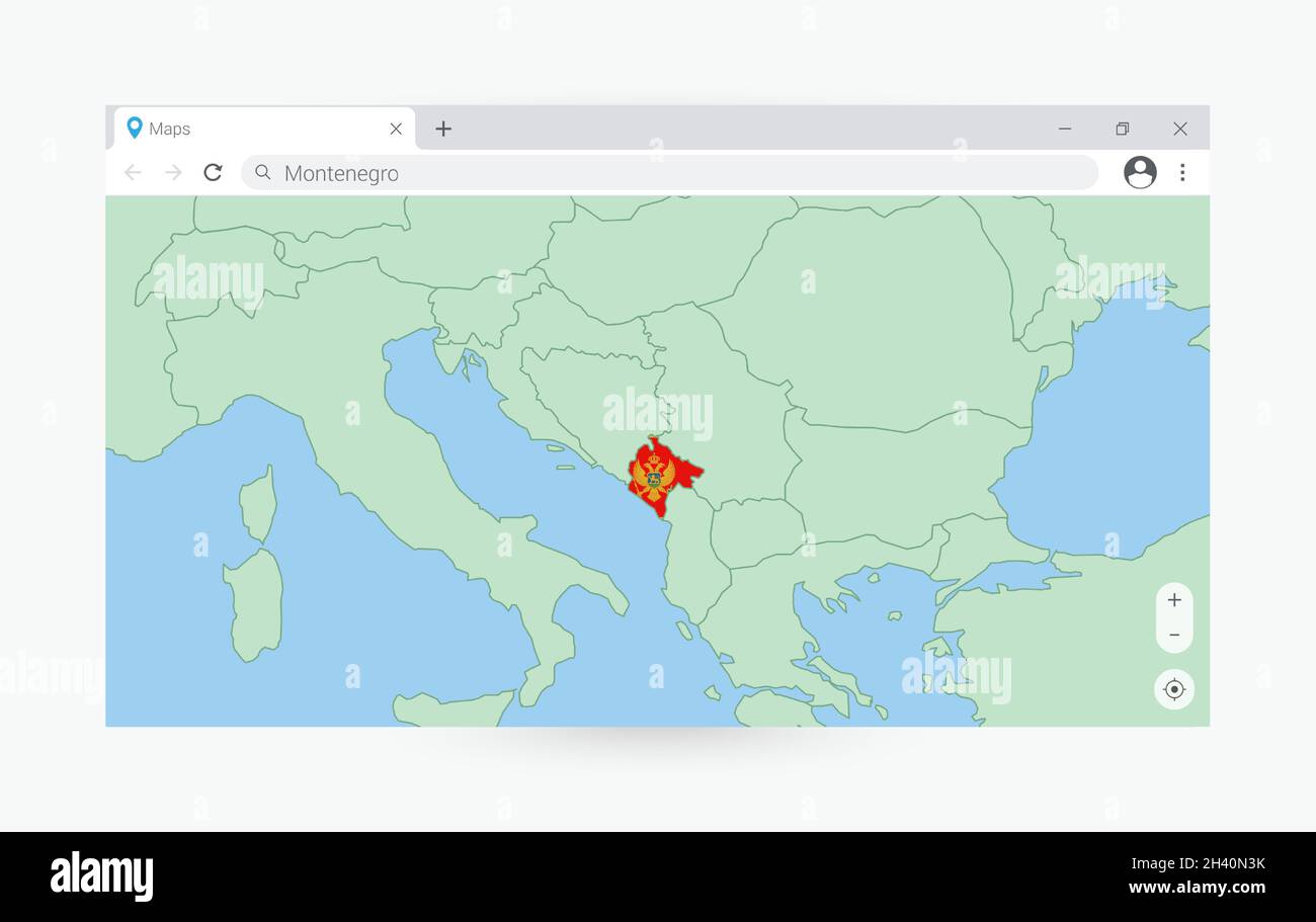 Fenêtre navigateur avec carte du Monténégro, recherche Monténégro dans Internet.Modèle de fenêtre de navigateur moderne. Illustration de Vecteur