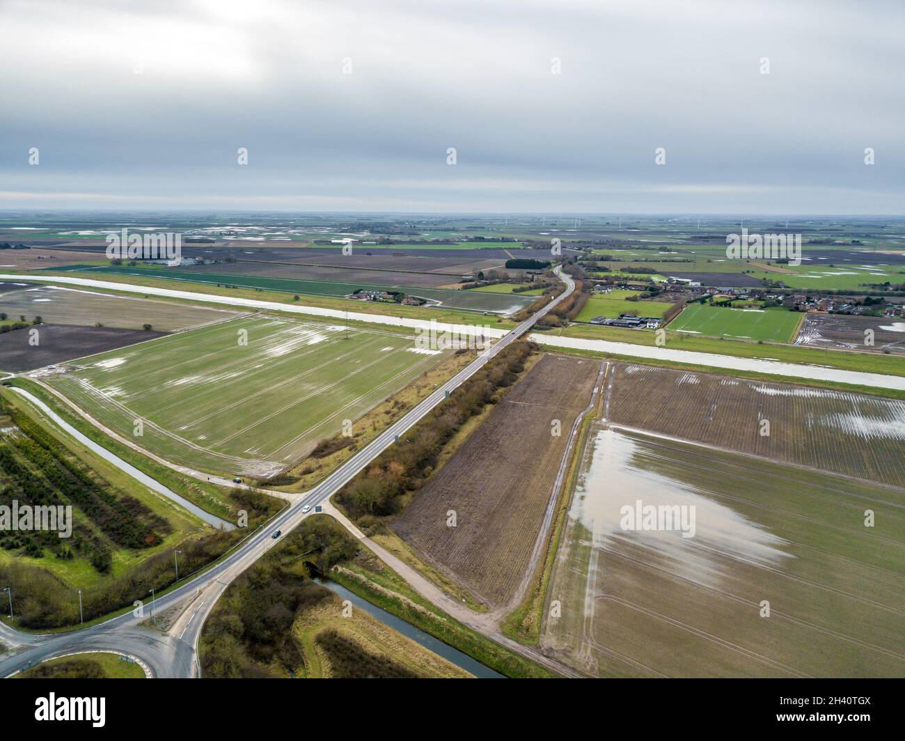Photographies aériennes de la station-service d'Applegreen de l'étendue des inondations de Fenland entre Spalding et Peterborough Banque D'Images