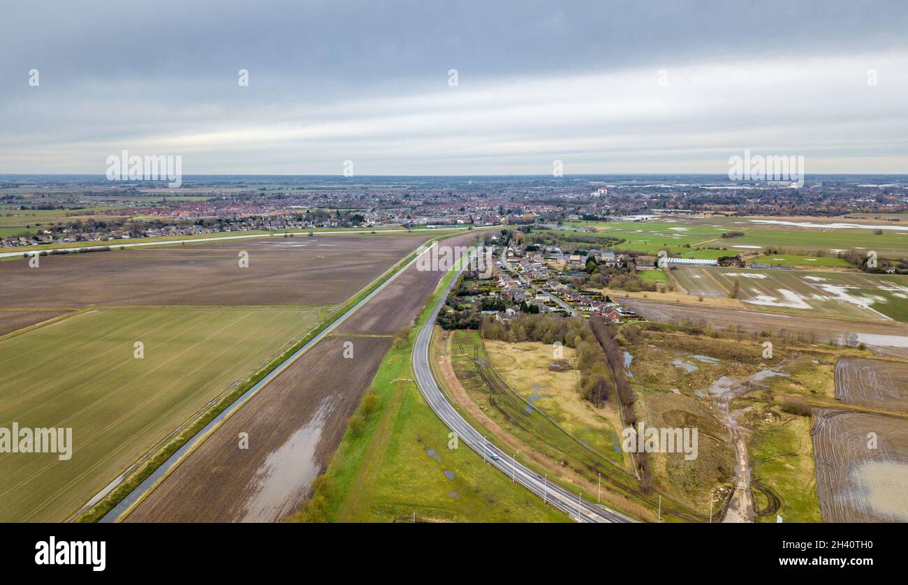 Photographies aériennes de la station-service d'Applegreen de l'étendue des inondations de Fenland entre Spalding et Peterborough Banque D'Images