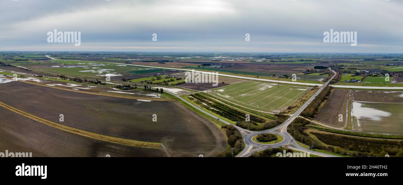 Photographies aériennes de la station-service d'Applegreen de l'étendue des inondations de Fenland entre Spalding et Peterborough Banque D'Images
